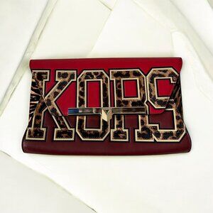 MICHAEL KORS Large Red Leather Leopard Print Envelope Clutch Bag